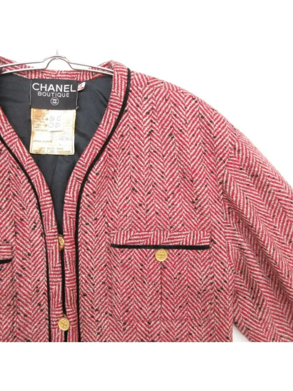 Chanel Collarless Jacket Tweed Trimming Herringbone Pattern CC Logo Gold Button